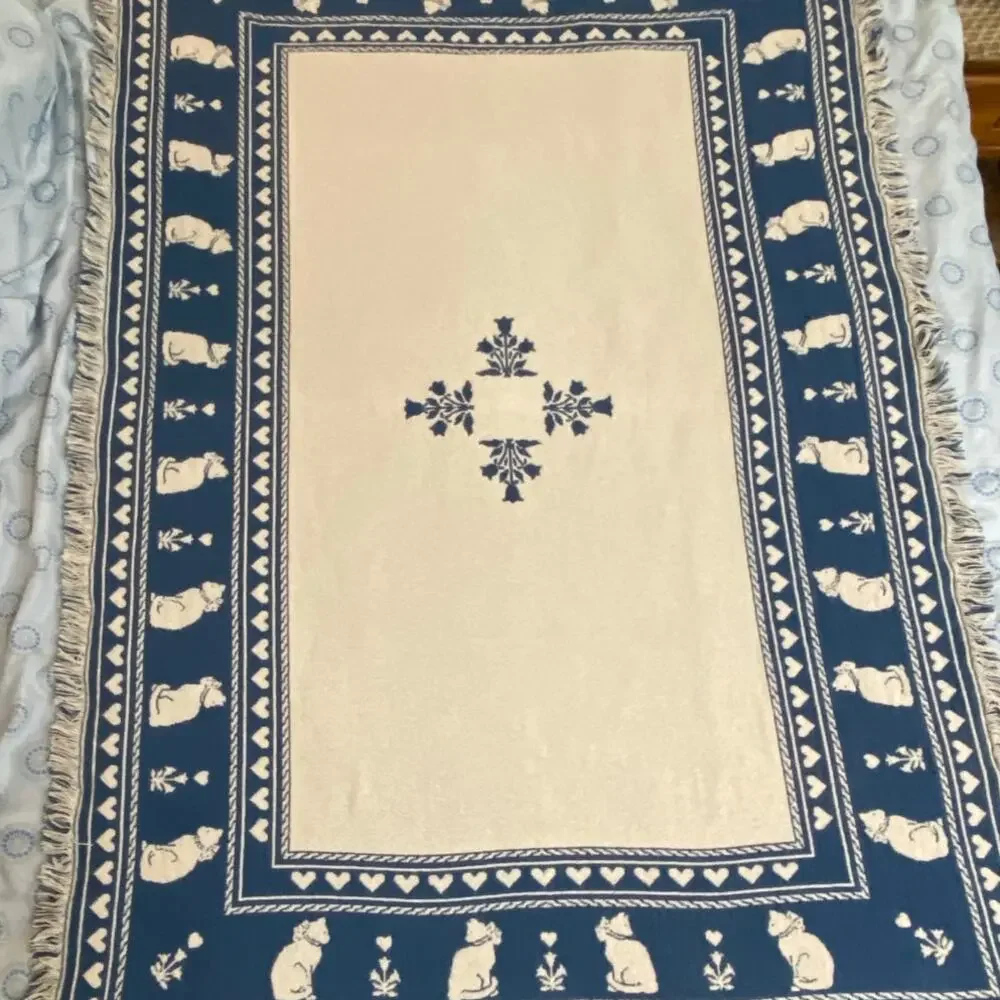 Vintage Cats & Hearts Tapestry Reversible Throw Blanket Fringe Navy Blue Kitty